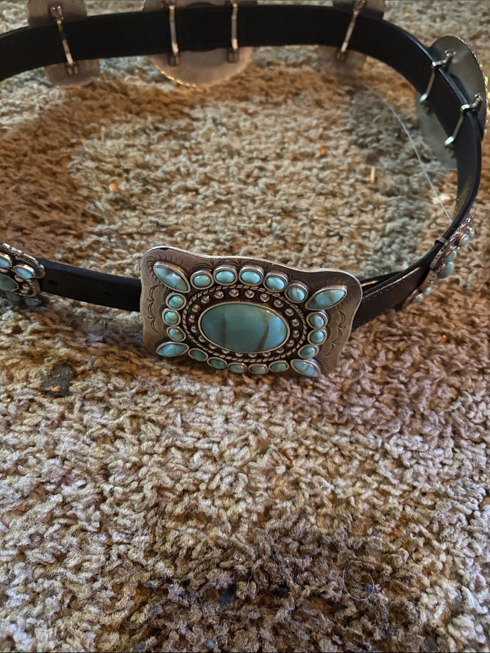 Turquoise Stone Western Belt with Silver-Tone Buckle